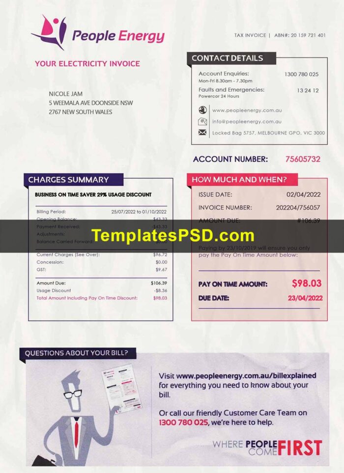 Australian electricity bill template psd People Energy