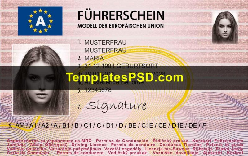 Austria Driving License Template PSD Front