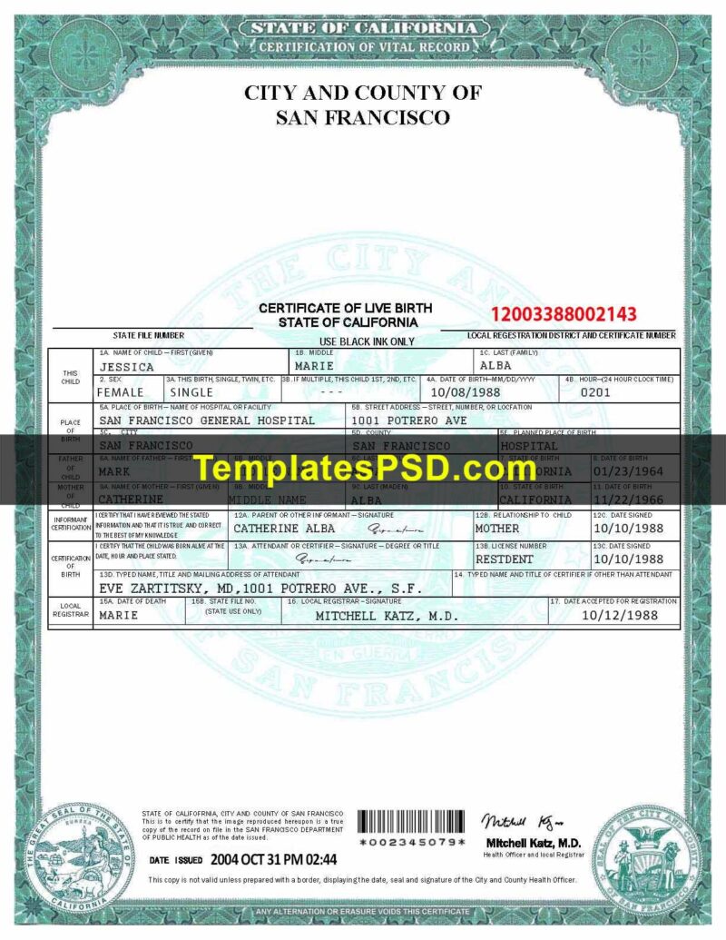 California Birth Certificate Template PSD