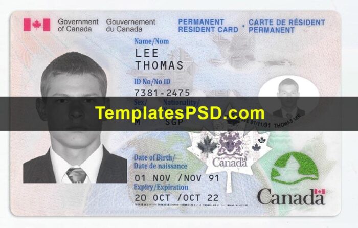 Canada Permanent Residence Card Template PSD Front