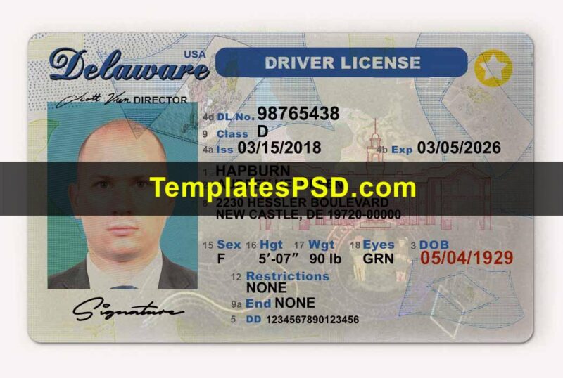 Delaware Drivers License template PSD Front