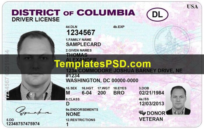 District of Columbia Drivers License Template Front PSD