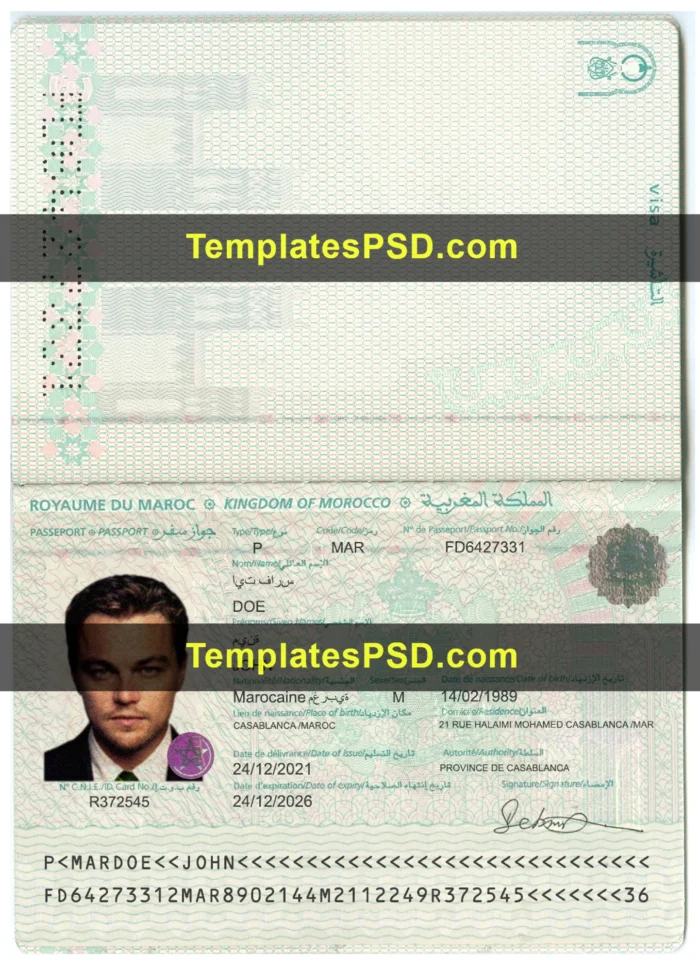 Fake Morocco Passport Template PSD