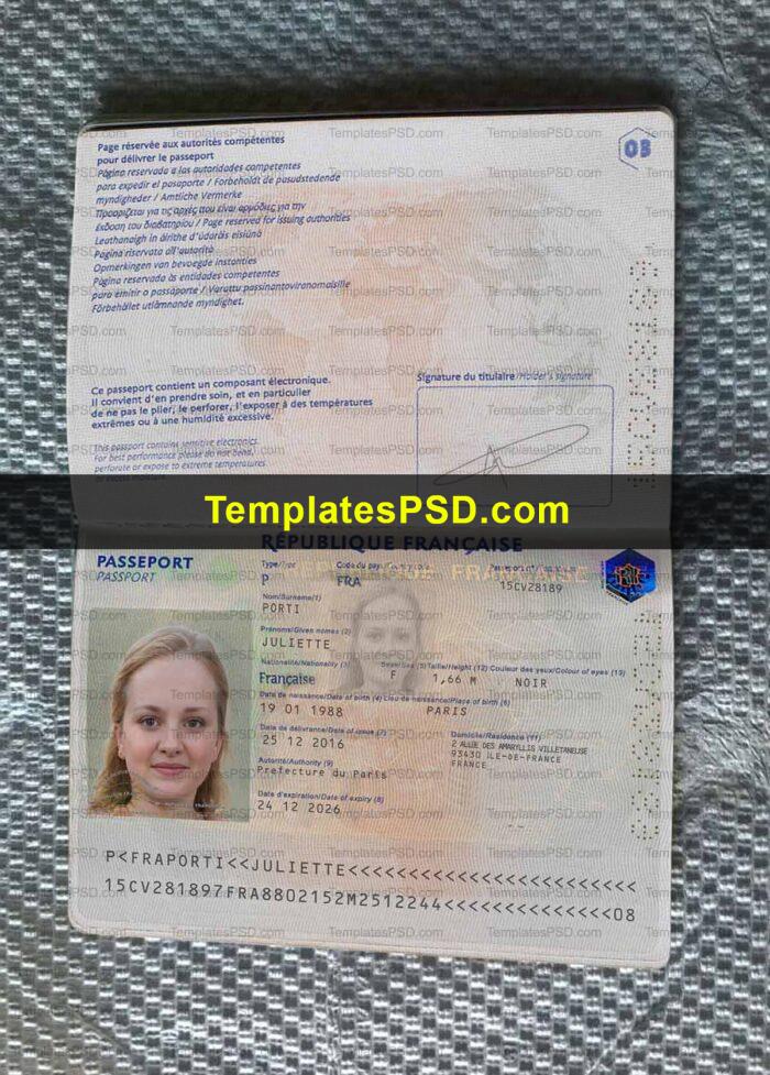 France Passport Template PSD Girl