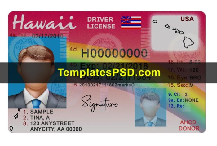 Hawaii drivers license template psd front