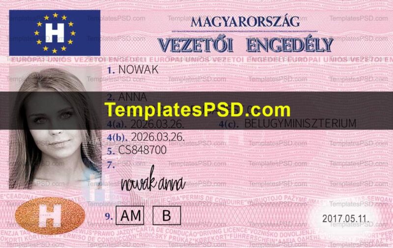 Hungary Driving License Template PSD Front