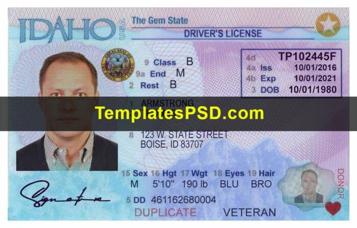 Idaho Driver License Template PSD Front