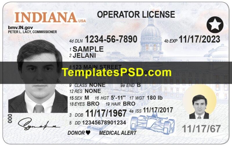 Indiana Drivers License Template Front PSD