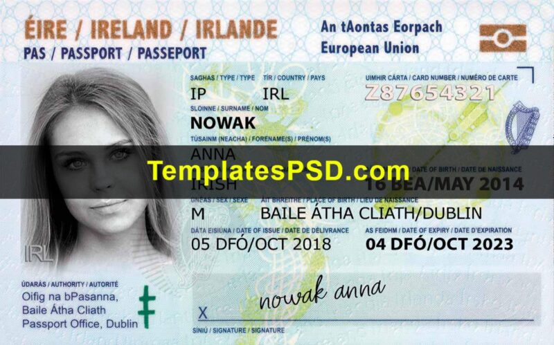 Ireland Passport Card template PSD Front