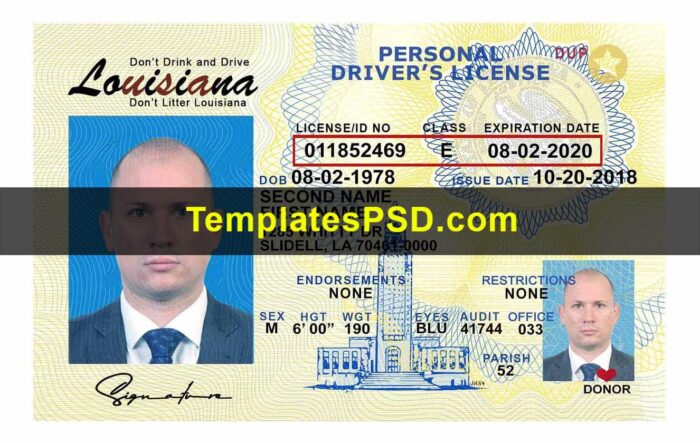 Louisiana Drivers License Template PSD Front