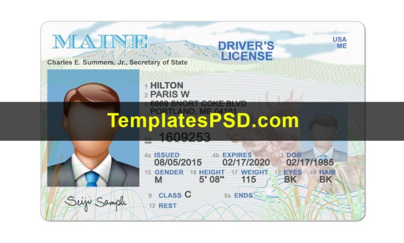 Maine drivers license template psd front