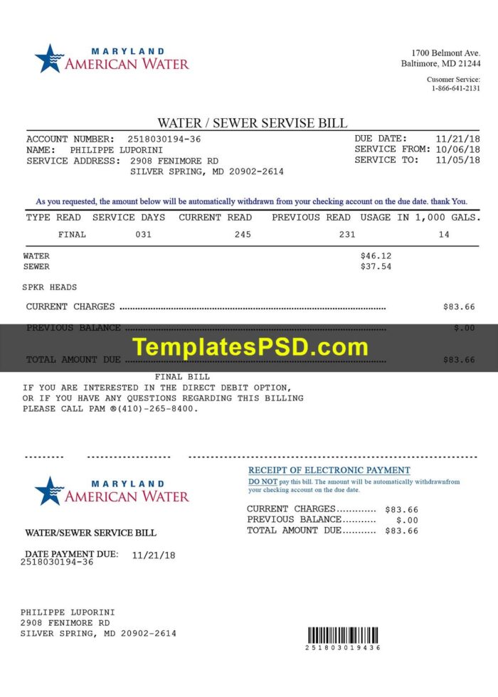 Maryland American Water Utility Bill Template PSD