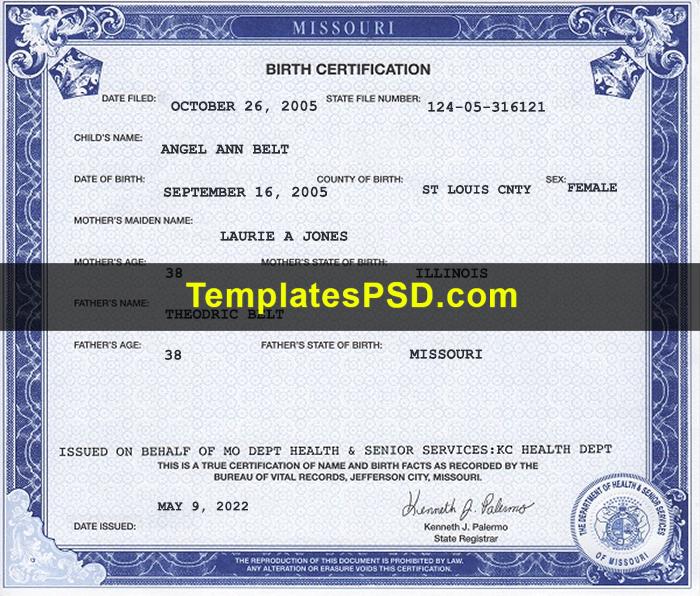 Missouri Birth Certificate template PSD