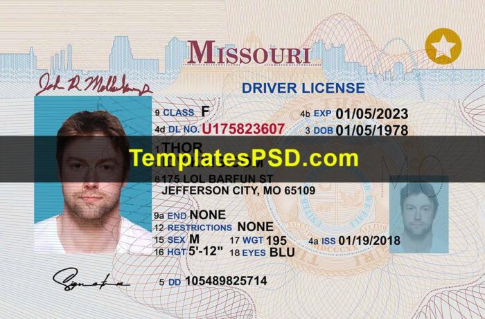 Missouri Driver License Template PSD Front