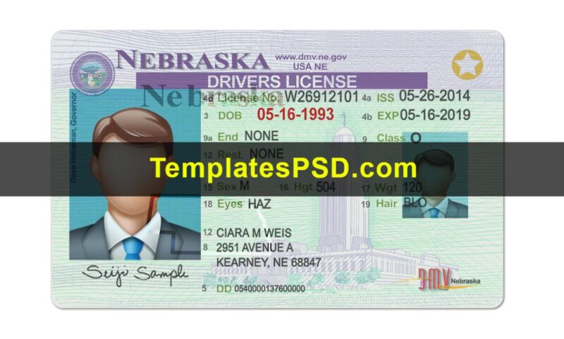 Nebraska Drivers License Template PSD Front