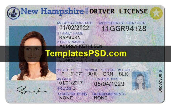 New Hampshire Driver License Template front