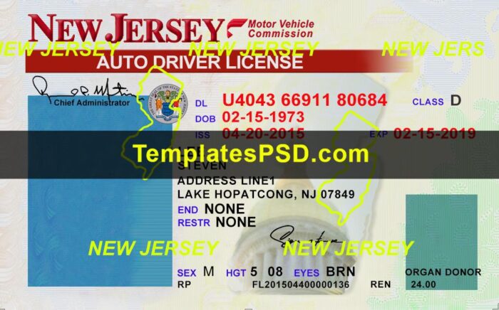 New Jersey Drivers License Front New PSD template