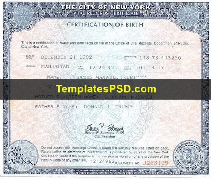 Fake New York Birth Certificate Template PSD Editable Blank Fillable USA