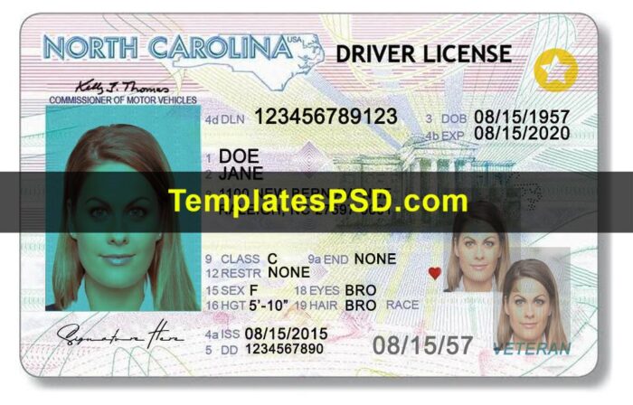 North Carolina Drivers License PSD Template Front new