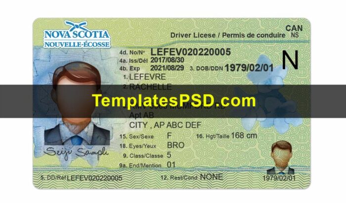 Nova Scotia Drivers License Template PSD Front