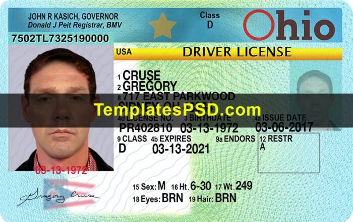 Ohio Drivers License PSD Template Front