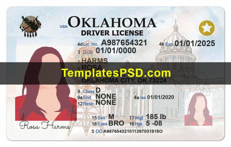 Oklahoma Drivers License Template PSD Front