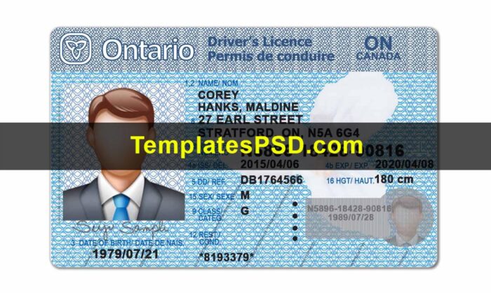 Ontario Drivers License Template PSD Front