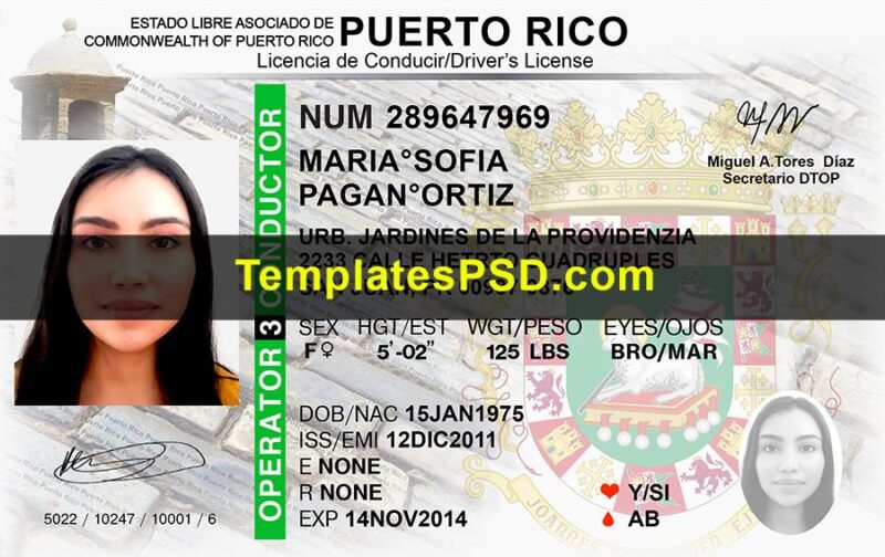 PUERTO RICO Drivers License Template New Front