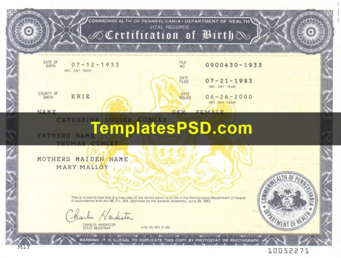 Pennsylvania Birth Certificate Template PSD