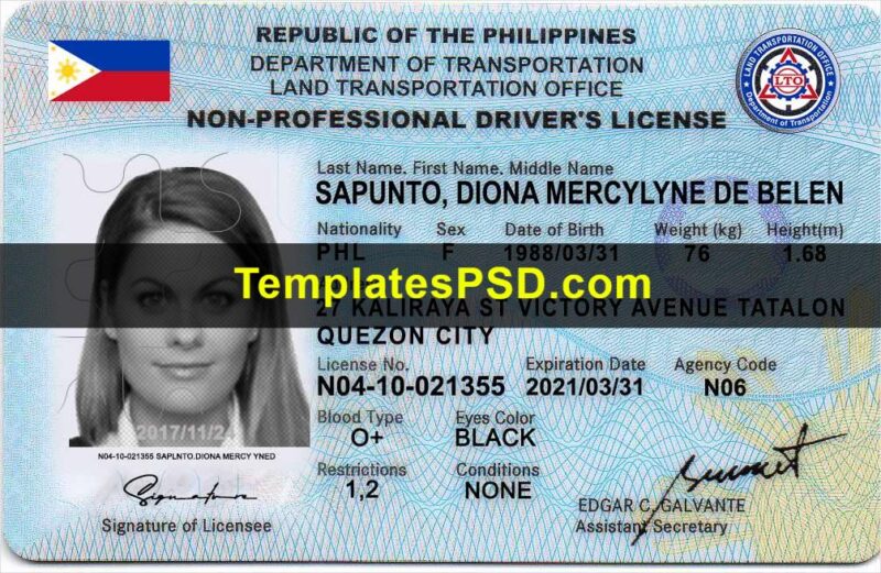 Philippines Drivers License PSD Template Front