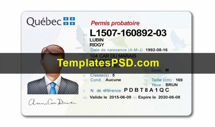 Quebec Canada Drivers License Template PSD Front