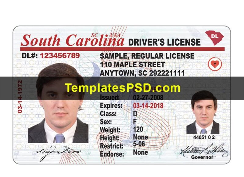 South Carolina Drivers License Template Front