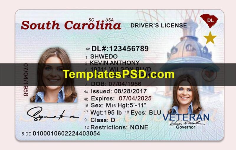 South Carolina Drivers License Template New Front