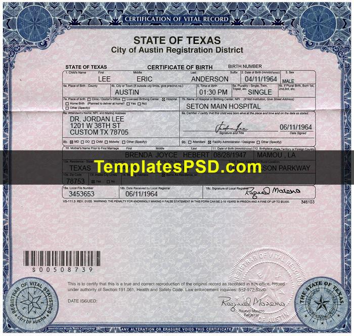 Texas Birth Certificate Template PSD