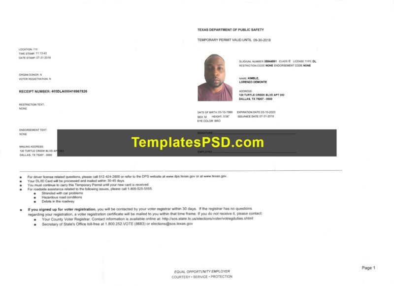 Texas Temporary Permit Drivers License Template PSD