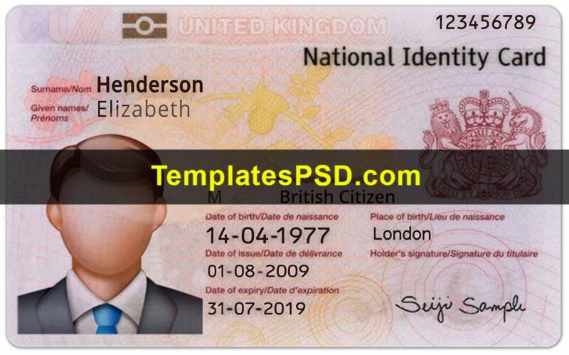 UK ID Card Template PSD Fake Front