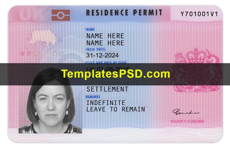 UK Permanent Residence Card Template Front PSD