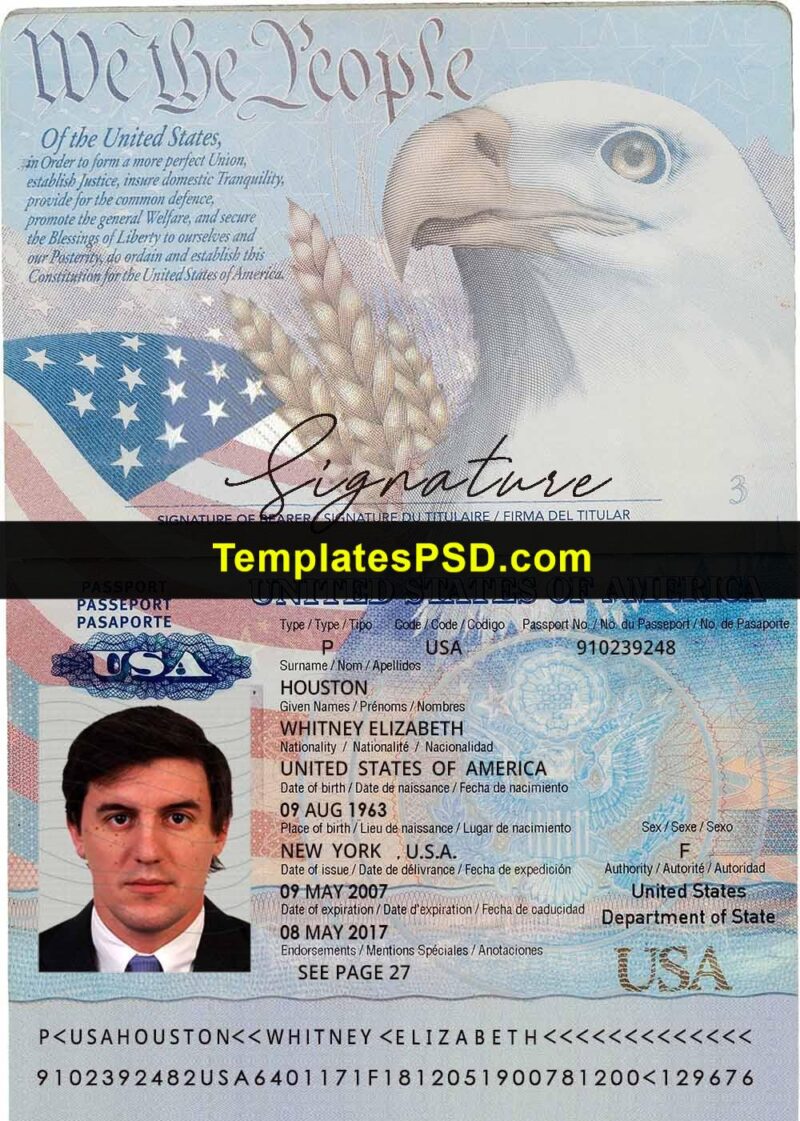 USA Passport Template PSD