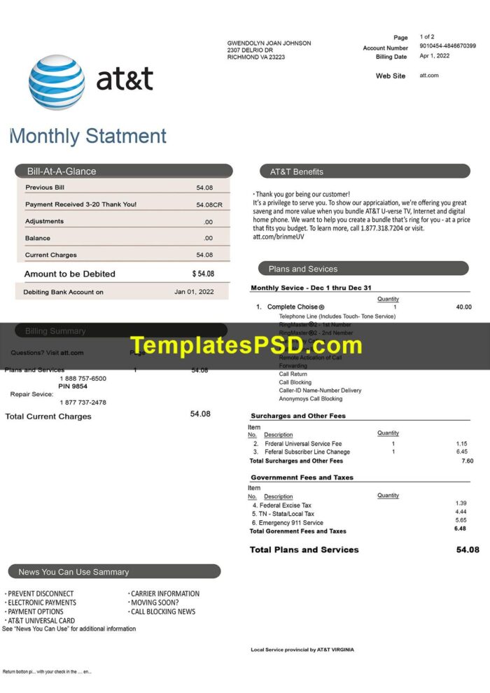 ATT Bill Template PSD USA