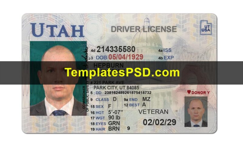 Utah Driver License Template PSD Front