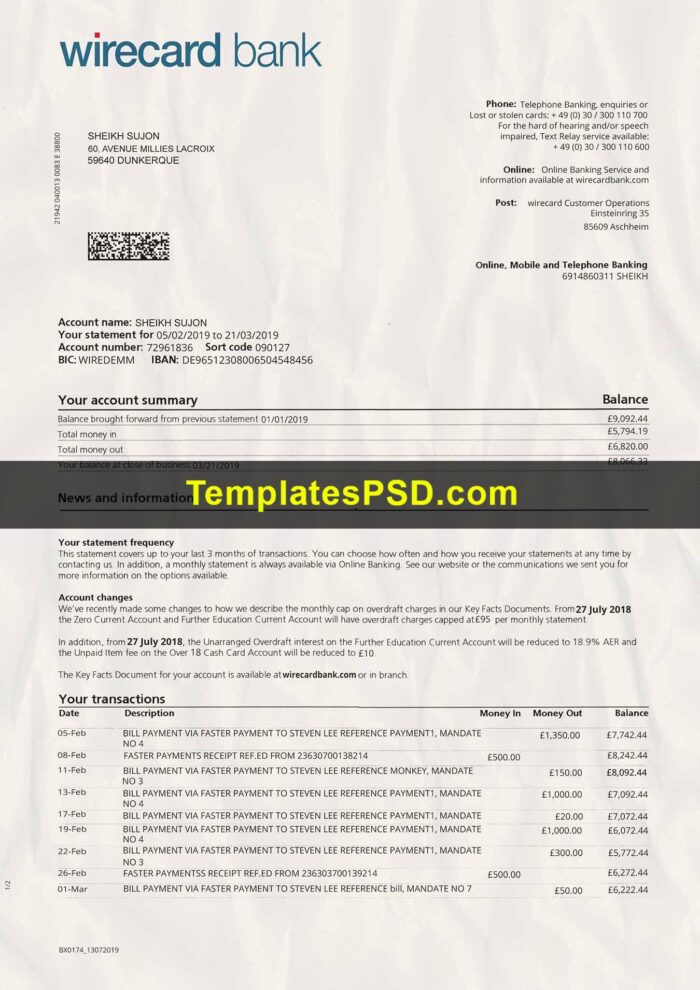 Wirecard Bank Statement scan template psd page 1