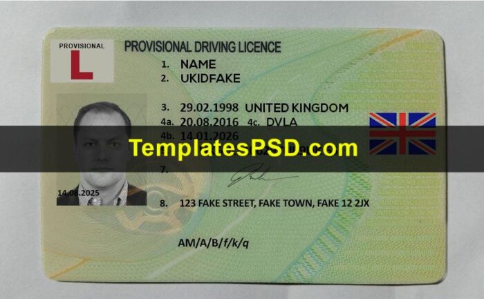 UK Provisional Drivers License Template PSD Front